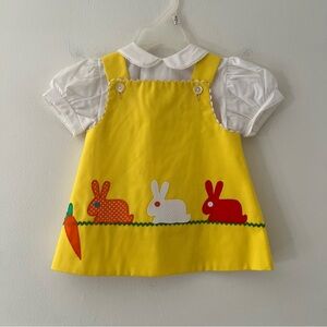 Vintage Easter Dress Pinafore Bunny Rabbit 70s Size 9 Months